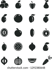 Solid Black Vector Icon Set - pear vector, half pomegranate, quince, medlar, of, blueberries, mulberry, melon, water slice, date fruit, ripe plum, cherry, passion, sour lime, delicious apple, guava