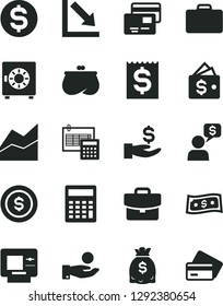 Solid Black Vector Icon Set - calculator vector, line chart, negative, calculation, suitcase, strongbox, cards, dollar, financial item, get a wage, catch coin, purse, dollars, wallet, money dialog