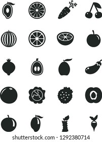 Solid Black Vector Icon Set - strawberries vector, cherry, half apricot, squash, medlar, water melon, mango, of, loquat, tangerine, tasty plum, juicy lemon, orange, grapefruit, apple stub, carrot