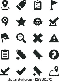 Solid Black Vector Icon Set - warning vector, add bookmark, zoom out, check mark, cross, label, pennant, question, star, flag, survey, geolocation, sale, clipboard, vote, confirm, dollar pin, map