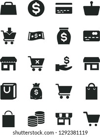 Solid Black Vector Icon Set - paper bag vector, bank card, cart, put in, crossed, with handles, kiosk, coins, stall, shopping basket, front of the, dollar, get a wage, money, dollars, hand