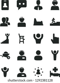 Solid Black Vector Icon Set - women vector, potty chair, a for feeding child, workman, garden trolley, employee, index finger, operator, builder, man, think, winner, carrer stairway, hands up