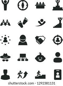 Solid Black Vector Icon Set - hat with glasses vector, funny hairdo, children's tracks, racer, court hearing, woman, man, in sight, goal, scheme, hand shake, conversation, winner podium, arrow up