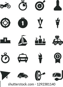 Solid Black Vector Icon Set - stopwatch vector, motor vehicle present, car, pedestal, retro, flame torch, pawn, pennant, target, purpose, first place medal, with, aim, sail boat, hang glider