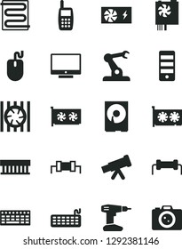 Solid Black Vector Icon Set - drill vector, heating coil, screen, assembly robot, mobile phone, radiator fan, mouse, keyboard, pc power supply, tower, gpu card, hdd, telescope, resistor, camera