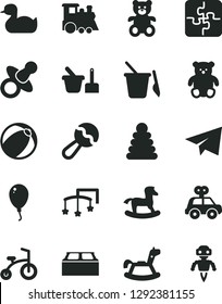 Solid Black Vector Icon Set - paper airplane vector, toys over the cot, dummy, beanbag, rubber duck, baby bath ball, stacking rings, motor vehicle present, toy sand set, children's, teddy bear