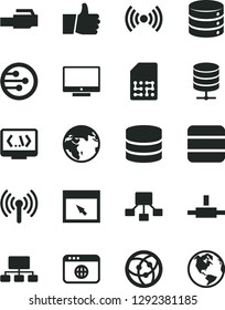Solid Black Vector Icon Set - thumb up vector, screen, big data, server, SIM, scheme, hierarchical, network, browser, connect, coding, lan connector, wireless, earth