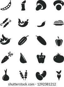 Solid Black Vector Icon Set - fried vegetables on sticks vector, onion, porcini, meat skewers, cucumber, tomato, chili, peper, garlic, apple stub, ripe pepper, red, hot, carrot, peas, beans, radish