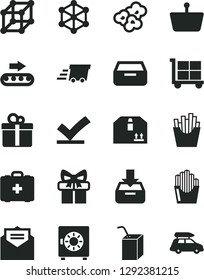 Solid Black Vector Icon Set - cargo trolley vector, medical bag, packing of juice with a straw, received letter, put in box, drawer, strongbox, cardboard, gift, French fries, fried potato slices