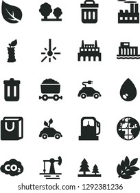 Solid Black Vector Icon Set - drop vector, bag with handles, apple stub, working oil derrick, leaf, gas station, hydroelectric, trees, forest, industrial building, factory, electric car, planet