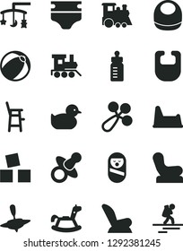 Solid Black Vector Icon Set - toys over the cradle vector, dummy, feeding bottle, diaper, bib, baby, rattle, chair, car child seat, duckling, bath ball, roly poly doll, potty, a for, toy train