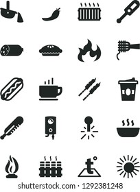Solid Black Vector Icon Set - electronic thermometer vector e, mercury, temperature, radiator, boiler, coffee, sausage, Hot Dog, noodles, pie, porridge, barbecue, coffe to go, red pepper, aluminum