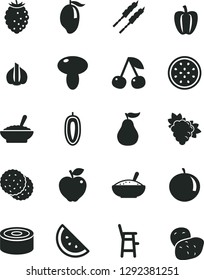 Solid Black Vector Icon Set - a chair for feeding child vector, canned goods, mushroom, bowl of buckwheat porridge, rice, barbecue, orange slice, biscuit, cherry, branch grape, red apple, mango