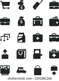 Solid Black Vector Icon Set - briefcase vector, paper bag, first aid kit, toys over the cot, medical, suitcase, case, with handles, package, a glass of tea, cart, wallet, dollars, money hand