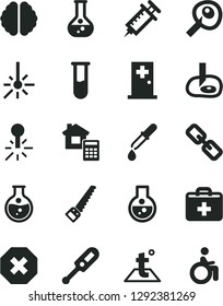 Solid Black Vector Icon Set - mark of injury vector, spectacles, first aid kit, electronic thermometer e, arm saw, estimate, temperature, round flask, mercury, outdoor, test tube, brain, pipette