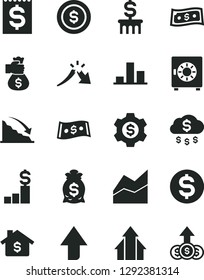 Solid Black Vector Icon Set - upward direction vector, line chart, strongbox, recession, a crisis, dollar, financial item, growth arrows, money bag hand, rain, coin, mortgage, pedestal, column, gear