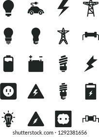 Solid Black Vector Icon Set - lightning vector, danger of electricity, matte light bulb, saving, power socket type b, f, charge level, charging battery, accumulator, line, pole, energy, electric car