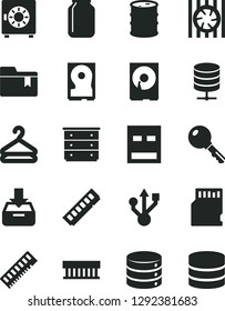 Solid Black Vector Icon Set - folder bookmark vector, chest of drawers, key, big data, server, put in a box, strongbox, hanger, barrel, jar, radiator fan, memory, hdd, usb, sd card