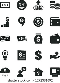 Solid Black Vector Icon Set - purse vector, dollar, coins, article on the, catch a coin, wallet, money, rain, mortgage, pedestal, idea, eyes, growth, dialog, pin, atm
