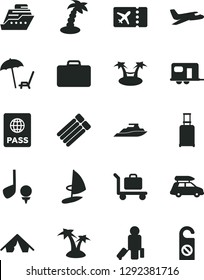 Solid Black Vector Icon Set - passport vector, plane, car baggage, camper, passenger, suitcase, rolling, ticket, tent, arnchair under umbrella, palm tree, golf, cruiser, hammok, yacht, windsurfing