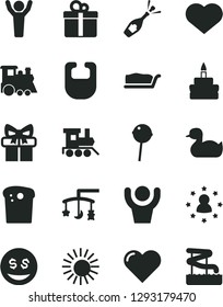 Solid Black Vector Icon Set - heart symbol vector, toys over the cradle, bib, rubber duck, baby toy train, children's, gift, Easter cake, slice, birthday, Chupa Chups, man hands up, stars around