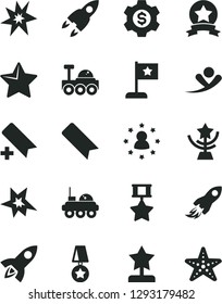 Solid Black Vector Icon Set - add bookmark vector, star, space rocket, lunar rover, bang, cup, reward, flag, medal, hero, ribbon, dollar gear, stars around man, flying, starfish