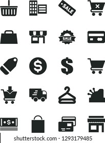 Solid Black Vector Icon Set - paper bag vector, grocery basket, dollar, city block, cart, put in, crossed, cards, kiosk, hanger, label, reverse side of a bank card, cash, hand, Express delivery