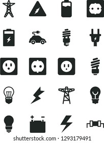 Solid Black Vector Icon Set - lightning vector, saving light bulb, power socket type b, f, charge level, charging battery, accumulator, line, pole, electric plug, energy, car, electricity, resistor
