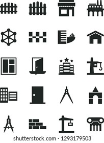 Solid Black Vector Icon Set - box of bricks vector, brick wall, window, ntrance door, city block, ceramic tiles, fence, hedge, home, industrial enterprise, tower crane, Construction, drawing compass