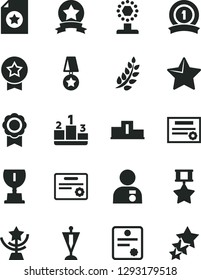 Solid Black Vector Icon Set - star vector, pedestal, medal, patente, laurel branch, award, cup, man with, pennant, ribbon, hero, certificate, three stars