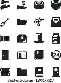 Solid Black Vector Icon Set - vector e, books, window frame, ntrance door, received letter, book, cardboard box, 24, package, canned goods, half of coconut, get a wage, folder, arm with key, exit