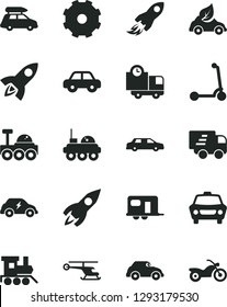 Solid Black Vector Icon Set - truck lorry vector, motor vehicle, baby toy train, child Kick scooter, car, delivery, eco, electric transport, retro, rocket, space, Express, lunar rover, helicopter