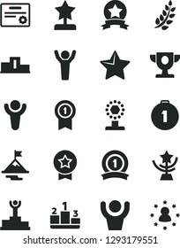 Solid Black Vector Icon Set - star vector, pedestal, winner, laurel branch, podium, prize, cup, reward, man hands up, motivation, first place medal, with pennant, ribbon, certificate, stars around