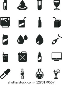 Solid Black Vector Icon Set - vector e, packing of juice with a straw, drop, screen, glass soda, tea, can, bottle, liquor, round flask, canister, oil, test tube, pipette, champagne, cocktail