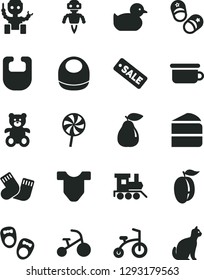 Solid Black Vector Icon Set - bib vector, baby, Child T shirt, duckling, warm socks, children's potty, teddy bear, toy train, bicycle, tricycle, shoes for little children, piece of cake, lollipop