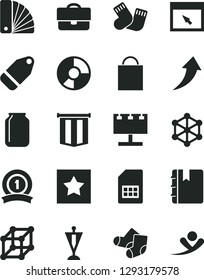 Solid Black Vector Icon Set - paper bag vector, warm socks, Knitted, color samples, notebook, label, SIM card, jar, billboard with illumination, portfolio, ring diagram, browser, 3d cube, pennant