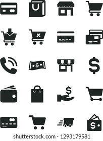Solid Black Vector Icon Set - bank card vector, cart, put in, crossed, bag with handles, cards, kiosk, shopping, reverse side of a, front the, denomination dollar, get wage, wallet, phone call