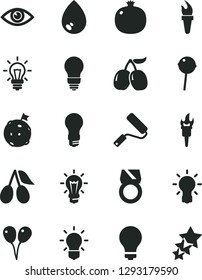 Solid Black Vector Icon Set - matte light bulb vector, colored air balloons, new roller, eye, drop, Chupa Chups, pomegranate, cornels, tasty, flame torch, flag on moon, gold ring, three stars