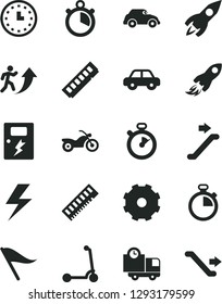 Solid Black Vector Icon Set - truck lorry vector, lightning, stopwatch, wind direction indicator, motor vehicle, child Kick scooter, dangers, delivery, retro car, rocket, space, wall watch, memory