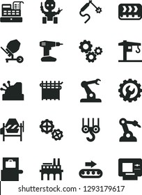 Solid Black Vector Icon Set - crane vector, winch hook, gears, concrete mixer, drill, gear, industrial enterprise, conveyor, production, cloth industry, gas welding, robot welder, assembly, cashbox