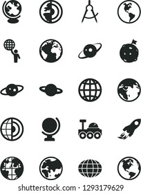 Solid Black Vector Icon Set - sign of the planet vector, globe, earth, scribed compasses, space rocket, core, saturn, lunar rover, man hold world, flag on moon