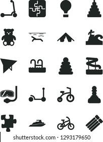 Solid Black Vector Icon Set - stacking rings vector, toy, small teddy bear, child bicycle, Kick scooter, Puzzle, Puzzles, pawn, air balloon, hang glider, bike, tent, beach, pool, aquapark, surfing