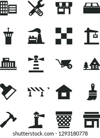 Solid Black Vector Icon Set - wicker pot vector, dwelling, building trolley, small tools, wooden paint brush, city block, tile, putty knife, road fence, hammer with claw, kiosk, factory, lighthouse