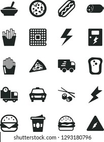 Solid Black Vector Icon Set - lightning vector, dangers, car, delivery, sausage, pizza, piece of, Hot Dog, big burger, a bowl buckwheat porridge, French fries, fried potato slices, coffe to go