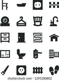 Solid Black Vector Icon Set - Cradle Vector, Bath, A Chair For Feeding, Arm Saw, Toilet, Lay Out Of Flat, Power Socket Type B, F, Door Knob, Ntrance, City Block, Ceramic Tiles, Heating Coil, Home