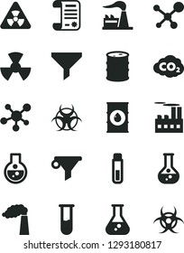 Solid Black Vector Icon Set - flask vector, manufacture, factory, oil, barrel, industrial building, radiation, carbon dyoxide, filter, water, research article, test tube, molecule, nuclear
