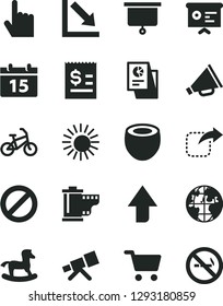 Solid Black Vector Icon Set - prohibition vector, upward direction, horn, camera roll, negative chart, small rocking horse, calendar, index finger, move right, half of coconut, shopping cart, planet