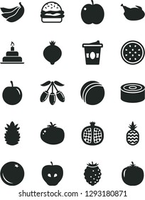 Solid Black Vector Icon Set - bath ball vector, birthday cake, canned goods, burger, chicken, tomato, coffe to go, a pineapple, orange, apple, half pomegranate, tasty, medlar, raspberry, goji berry
