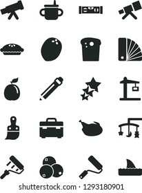 Solid Black Vector Icon Set - graphite pencil vector, toys over the cradle, mug for feeding, new roller, paint, color samples, plastic brush, suitcase, building level, Easter cake, pie, chicken