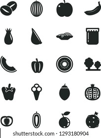 Solid Black Vector Icon Set - slices of onion vector, peper, garlic, coffee beans, cone, jam, apple, half pomegranate, rose hip, blueberry, melon, slice, sweet date fruit, banana, kiwi, tamarillo